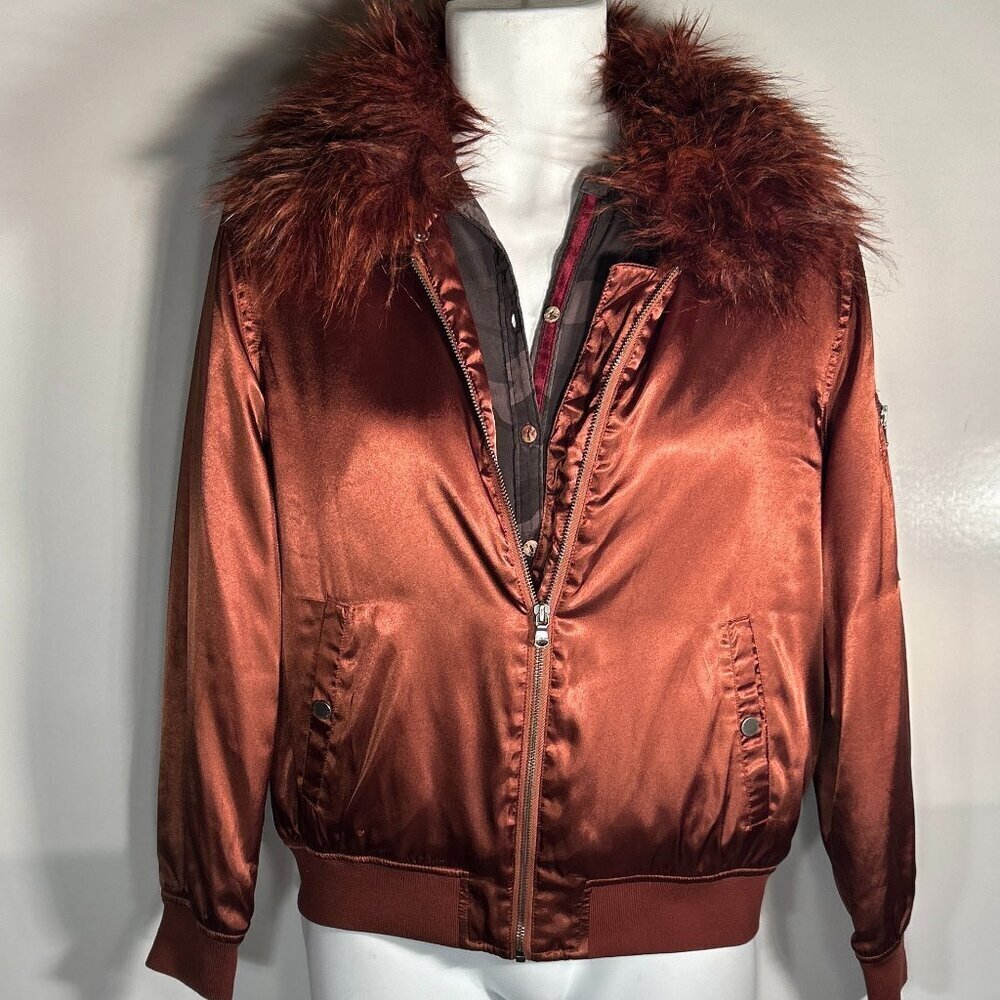 Calvin Klein Jeans SZ M Rust Satin Bomber Jacket Fur Collar Y2K Aviator Street S
